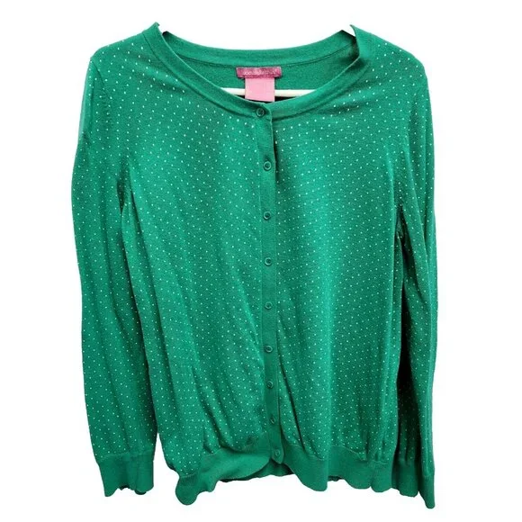 Woman Within Button Up Cardigan Womens Large Green Polka Dot Preppy Casual - Picture 1 of 9